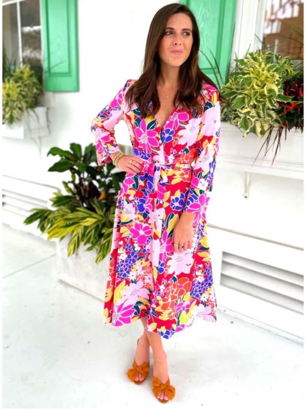 Sunday Up Floral Charlotte Dress Button Front Belted Tie Waist Womens Small Midi